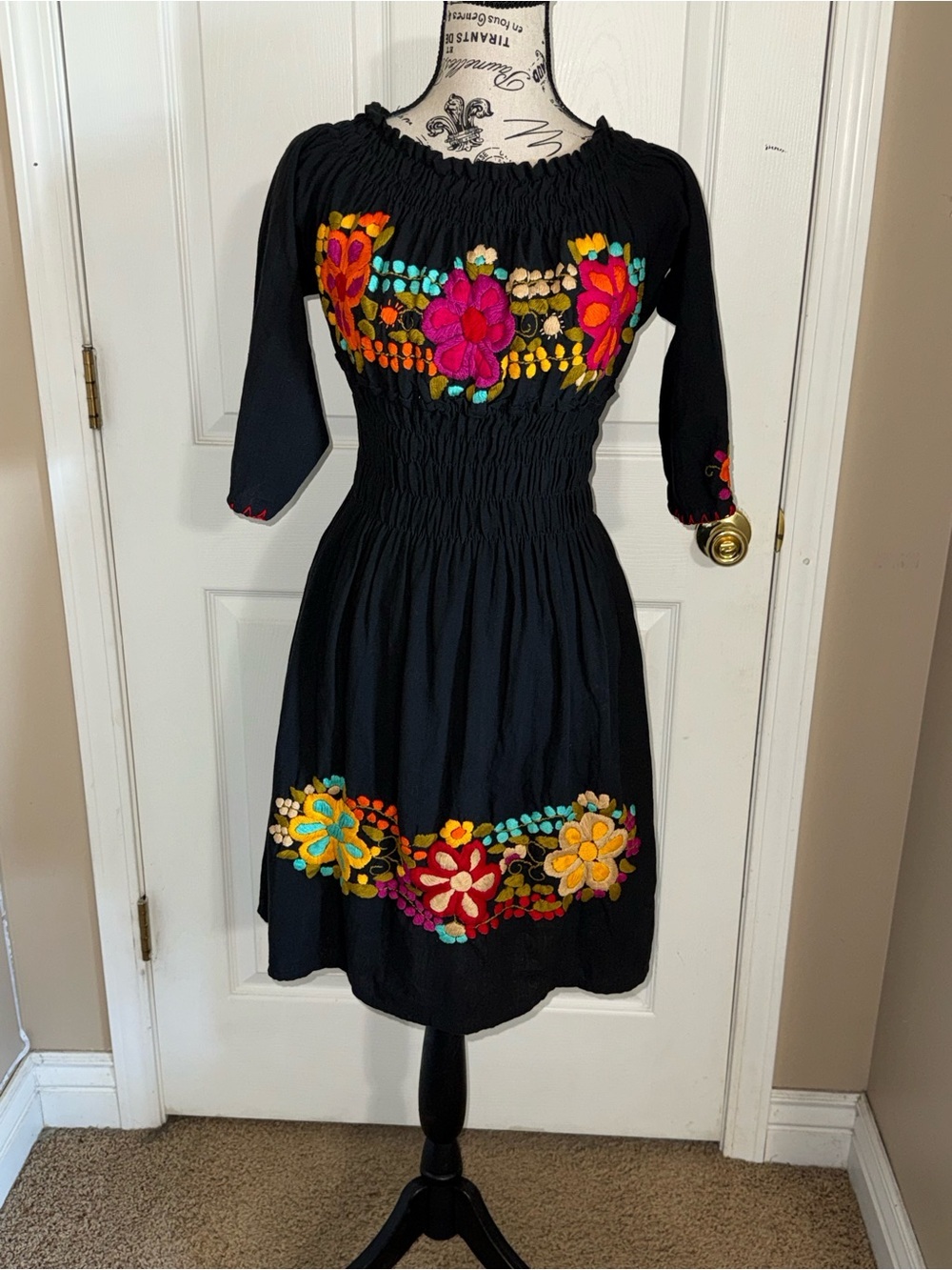 Handmade Embroidered Black Linen Cotton Dress Small Boho Floral - Picture 2 of 11